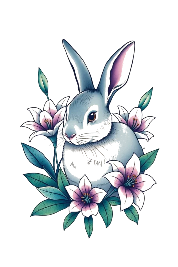 A temporary temporary tattoo design featuring a centrally positioned rabbit illustrated in shades of gray and white. The rabbit has a light gray face and body, with its head turned to the left and ears pointed upwards. Surrounding the rabbit is a colorful cluster of pink and