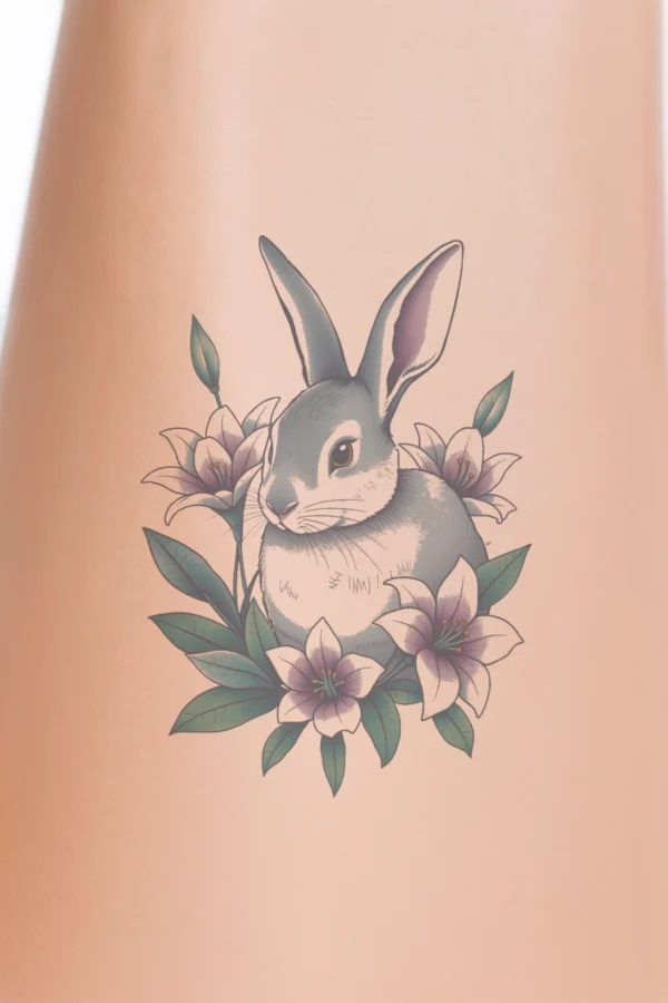 A temporary temporary tattoo design featuring a centrally positioned, stylized rabbit in shades of gray and white, with a light gray face and body. The rabbit, with its head turned to the left and ears pointed upwards, is surrounded by a vibrant cluster of pink