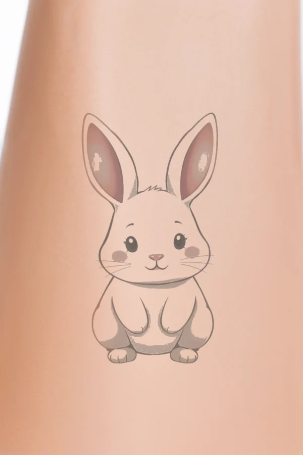 A cute temporary temporary tattoo design featuring a fluffy white rabbit with large round pink ears and a small pink nose. The rabbit faces forward, its head slightly tilted to the left, showcasing its light blue or gray eyes. It has a soft pink belly and light