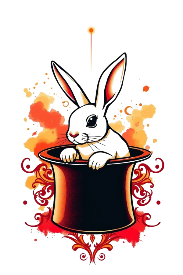 A whimsical temporary temporary tattoo design featuring a white rabbit with tilted head and wide eyes peeking out from a classic black top hat. The rabbit, adorned in shades of white and black with alert pointed ears and light pink nose, has its paws visible. The