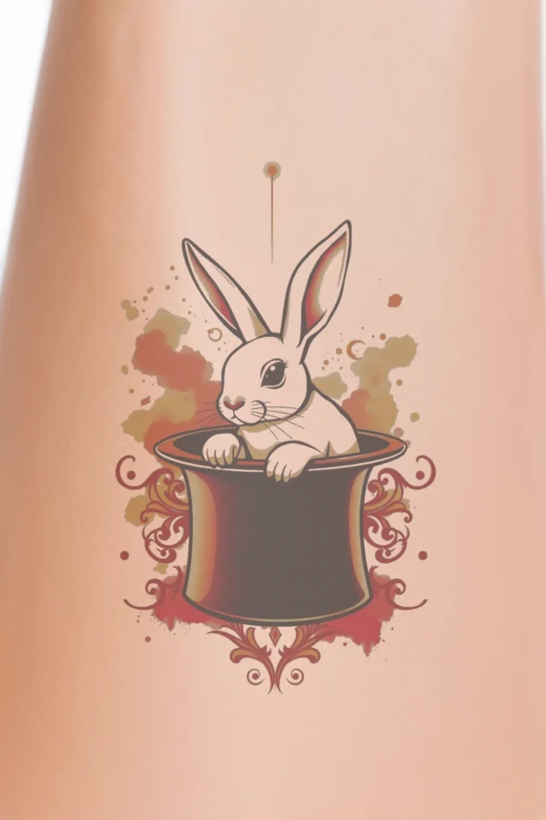 A whimsical temporary temporary tattoo design featuring a white rabbit with a tilted head peeking out from a classic black top hat. The rabbit has wide eyes, pointed ears, and visible paws, with a light pink nose. The background bursts with vibrant orange and red