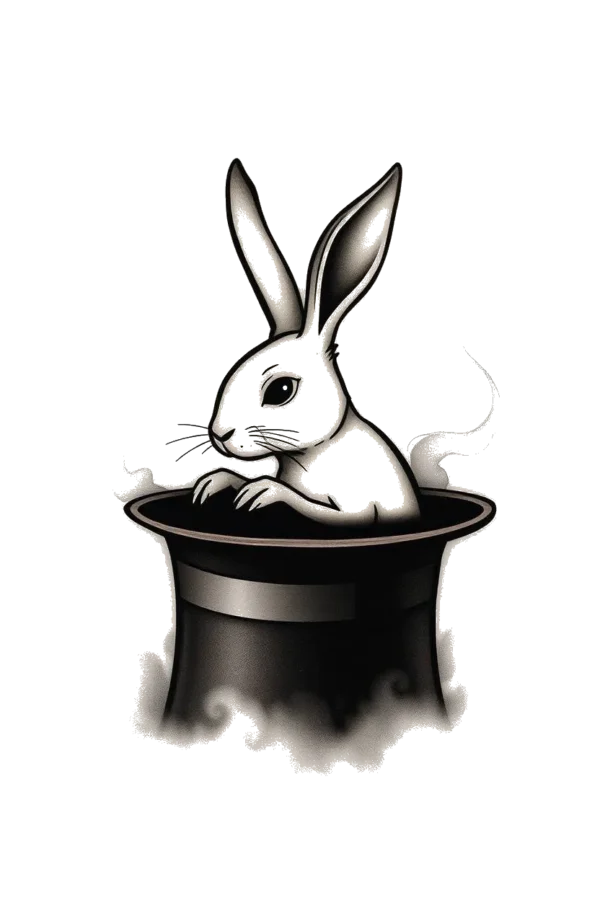 A temporary temporary tattoo design featuring a white rabbit with black ears and a black nose peeking out from the center of a black top hat. The rabbit has wide-open eyes and its fur is illustrated in varying shades of white and black. The hat has a