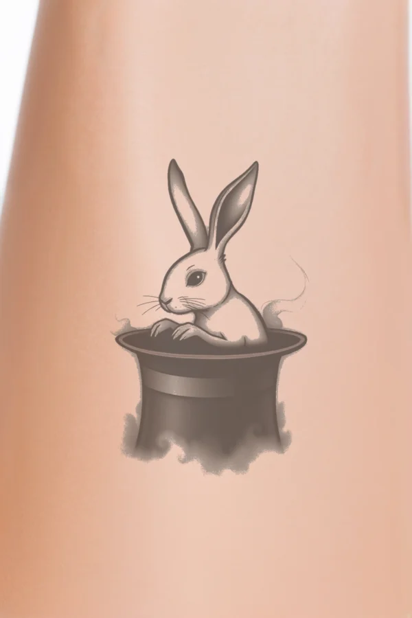 Temporary temporary tattoo design featuring a white rabbit with pointed black ears and a black nose, peeking out from the center of a black hat. The hat has a dark gray or black band at the top, resting on a non-black surface. The background is