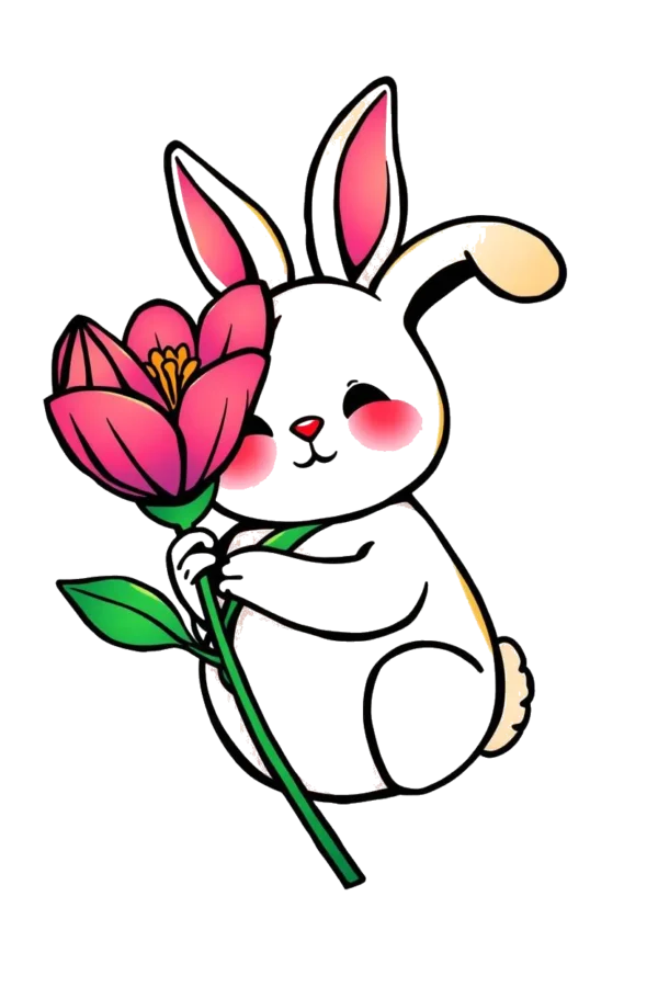 Temporary temporary tattoo design featuring a white rabbit with pink ears and a pink nose, sitting upright and gently holding a pink flower with a green stem. The flower has a yellow center and a single pink petal. The rabbit's eyes are closed against a stark