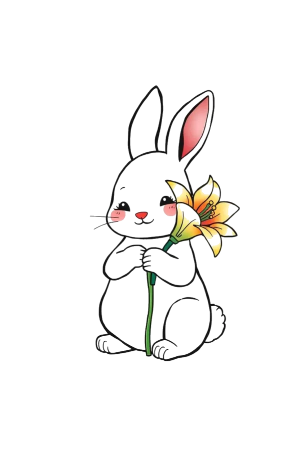 A temporary temporary tattoo design featuring a solid white rabbit sitting on its hind legs, holding a single yellow lily with a dark yellow petal in its front paws. The rabbit has a pink nose and rosy cheeks, with wide-open eyes. The stark white background