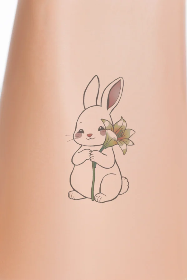 Temporary temporary tattoo design featuring a white rabbit sitting on its hind legs, holding a yellow lily with a dark yellow center and petals. The rabbit has a pink nose, rosy cheeks, and wide open eyes, all against a stark white background that highlights the vibrant