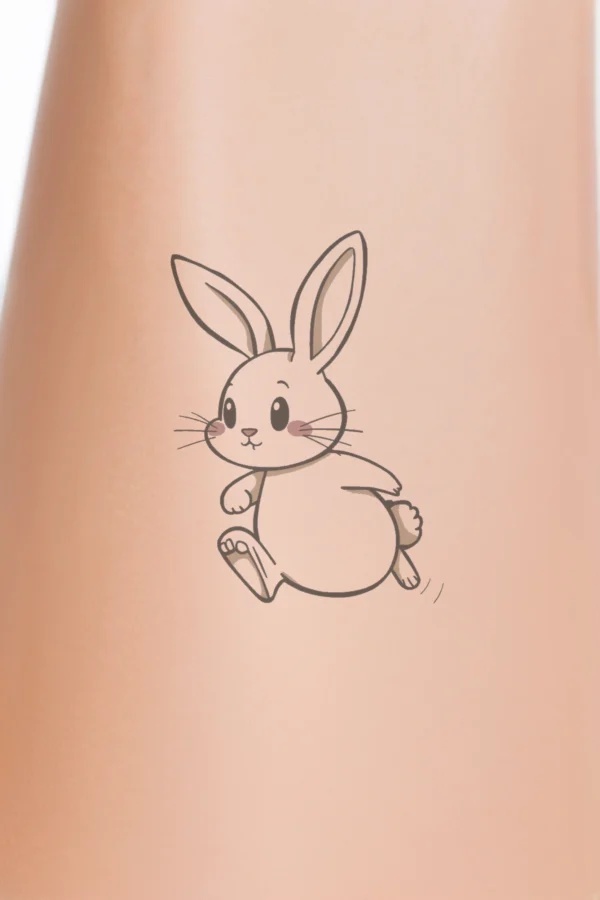 A cartoon-style temporary temporary tattoo featuring a light cream-colored rabbit in mid-stride, facing right with its head turned slightly left. The rabbit's legs are a darker cream shade, and its large round eyes and small dark pink nose add to its playful appearance