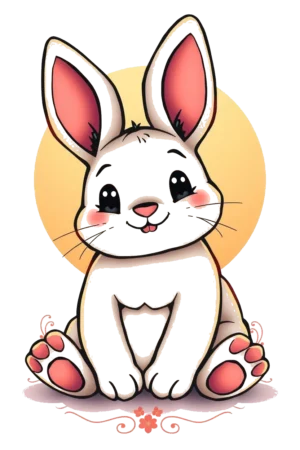 Temporary tattoo design featuring a friendly cartoon rabbit with white fur accented by pink on its ears, nose, and paws. The rabbit has large, round eyes and a relaxed pose, sitting with its legs tucked under its body. Its pointed ears stand upright,