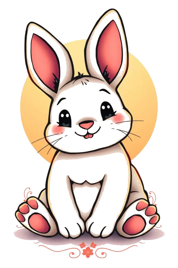 Temporary temporary tattoo design featuring a friendly cartoon rabbit with white fur accented by pink on its ears, nose, and paws. The rabbit has large, round eyes and a relaxed pose, sitting with its legs tucked under its body. Its pointed ears stand upright,