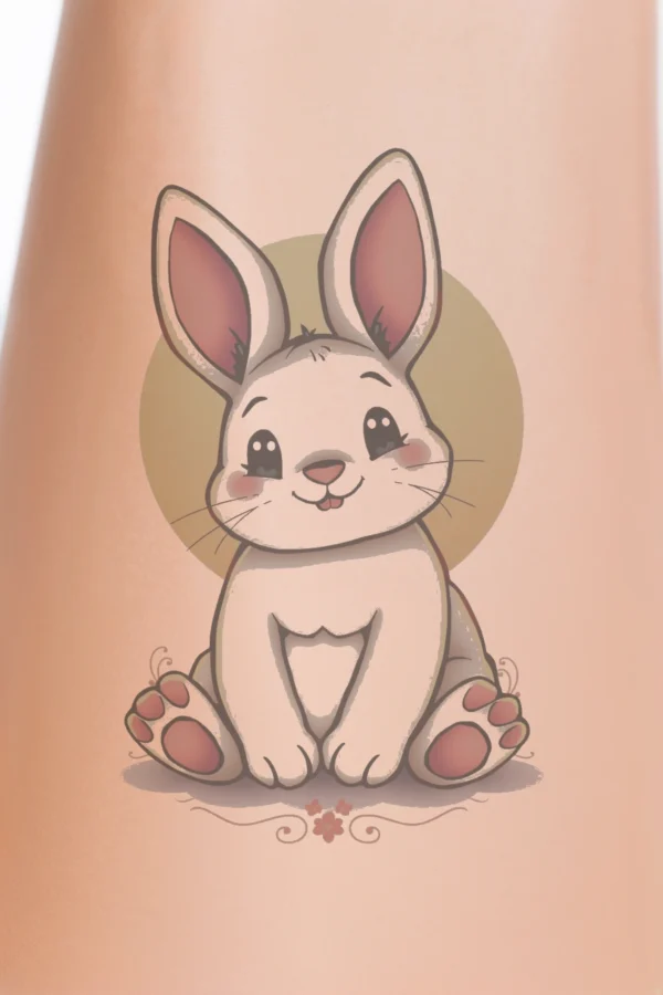A cartoon-style temporary temporary tattoo design featuring a friendly rabbit with predominantly white fur and pink accents on its ears, nose, and paws. The rabbit has large, round eyes and a relaxed posture, with its legs tucked under its body. Its ears are pointed