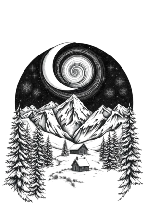 "Temporary tattoo design featuring a tranquil winter landscape in black and white. The central focus is a majestic mountain range with snow-capped peaks, under a starlit sky that includes a crescent moon in the upper left corner. In the foreground,