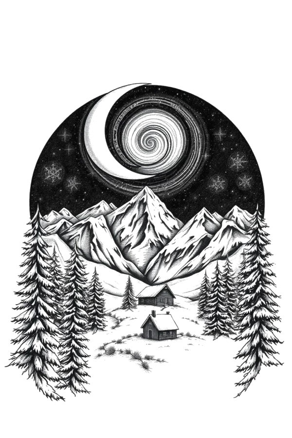 "Temporary temporary tattoo design featuring a tranquil winter landscape in black and white. The central focus is a majestic mountain range with snow-capped peaks, under a starlit sky that includes a crescent moon in the upper left corner. In the foreground,