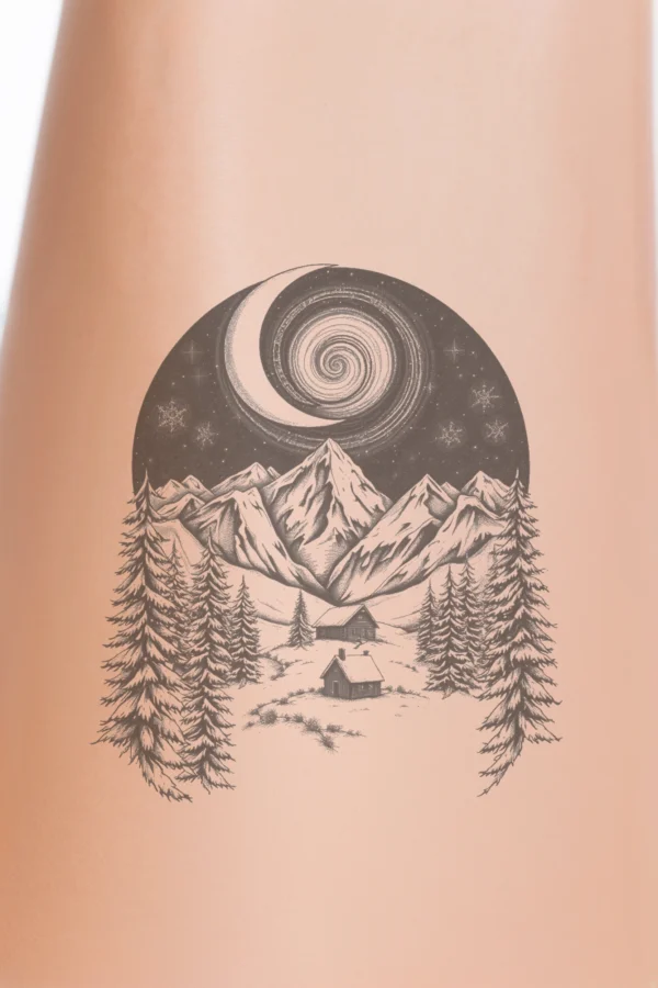 Temporary temporary tattoo design featuring a serene winter landscape in black and white. A majestic mountain range, snow-covered peaks rising high, occupies the center. Above, a starry sky and a crescent moon add a tranquil ambiance. In the foreground, a small