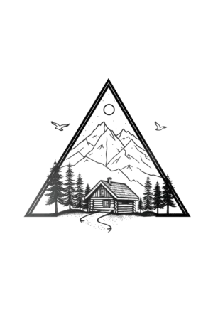 A black and white temporary tattoo design featuring a triangular frame enclosing a small log cabin surrounded by pine trees. The cabin is centered within the triangle, with a winding path leading up to it. Simplified gray mountains rise in the background, providing depth,