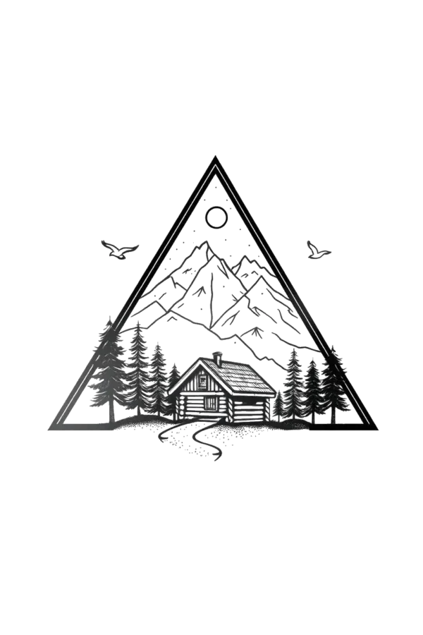 A black and white temporary temporary tattoo design featuring a triangular frame enclosing a small log cabin surrounded by pine trees. The cabin is centered within the triangle, with a winding path leading up to it. Simplified gray mountains rise in the background, providing depth,