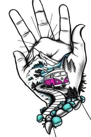 A temporary tattoo design featuring a hand with a pink and white Volkswagen van on the palm. The hand showcases a stylized landscape scene with mountains, a winding road, and a small dark tree, predominantly using pink, white, and blue colors. The