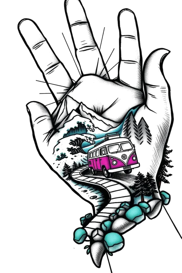 A temporary temporary tattoo design featuring a hand with a pink and white Volkswagen van on the palm. The hand showcases a stylized landscape scene with mountains, a winding road, and a small dark tree, predominantly using pink, white, and blue colors. The