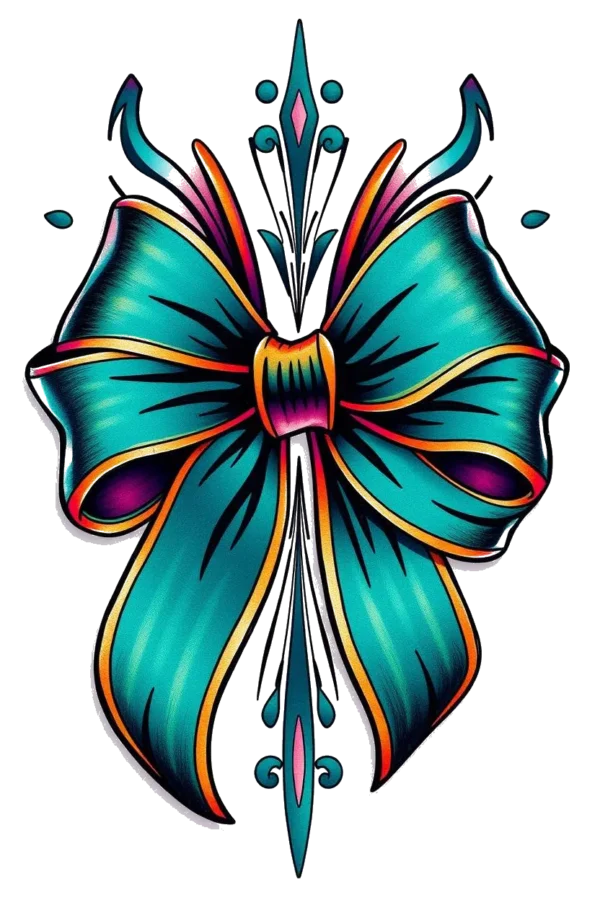 A vibrant teal bow with deep blue-green hues and bold orange and yellow stripes, centrally positioned against a stark white background, showcasing its symmetrical design and intricate colors.