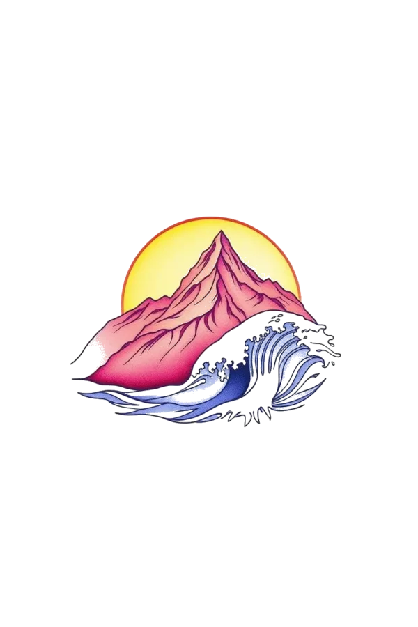 Vibrant temporary temporary tattoo design featuring a mountain range with a prominent central peak in shades of pink and red, showcasing a gradient effect. A bright yellow sun partially obscured by a stylized blue and white wave with a curling crest is in the background
