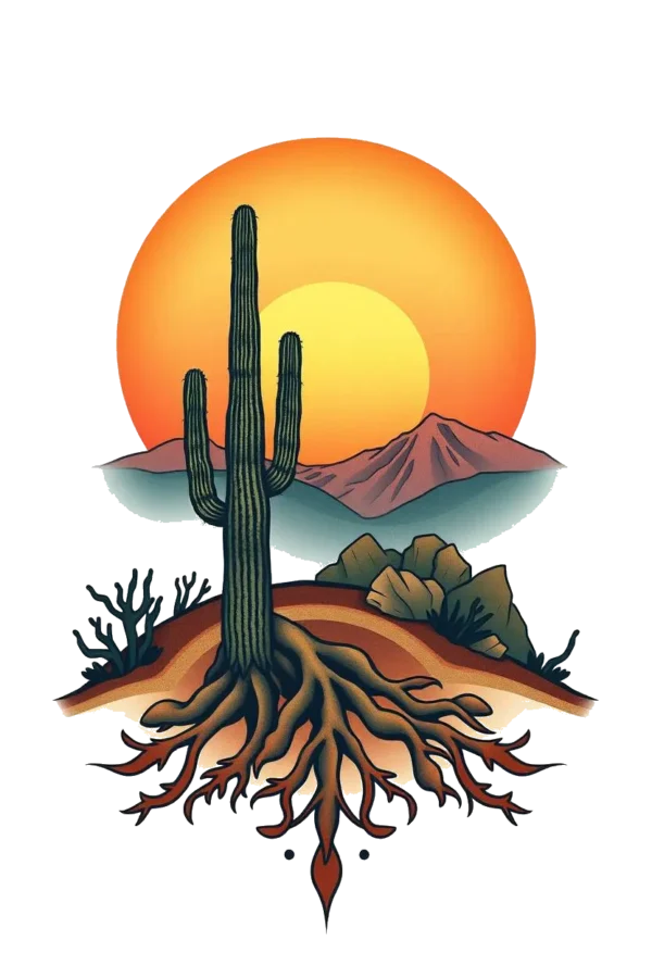 A temporary temporary tattoo design featuring a vibrant desert landscape centered around a dark green cactus with a large yellowish-orange top. Surrounding the cactus are various desert plants, including a small shrub on the left and a cluster of rocks on the right. In the