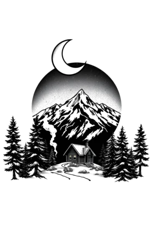 A black and white temporary tattoo design featuring a tranquil winter landscape. In the center, a quaint cabin with a dark roof and chimney is nestled among a snowy mountain range. The mountains are illustrated in shades of gray, with lighter peaks and valleys. Surround