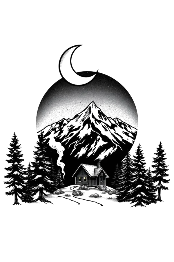A black and white temporary temporary tattoo design featuring a tranquil winter landscape. In the center, a quaint cabin with a dark roof and chimney is nestled among a snowy mountain range. The mountains are illustrated in shades of gray, with lighter peaks and valleys. Surround
