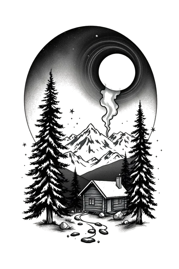 Temporary temporary tattoo featuring a tranquil winter scene: a mountain range in shades of gray with black and white peaks and valleys. In the foreground, a light brown cabin with a chimney and a small window is surrounded by a snowy landscape and scattered dark gray rocks.