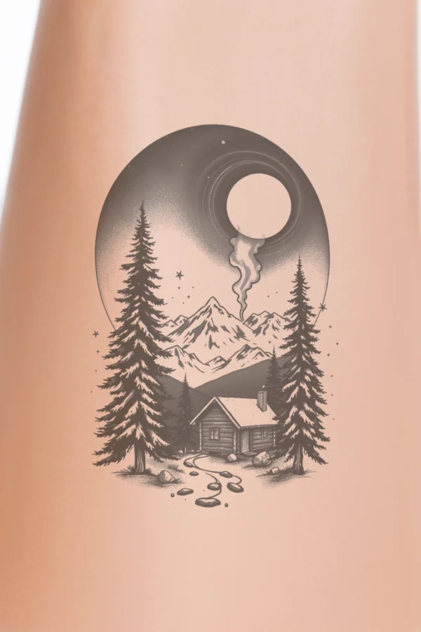 Temporary temporary tattoo design featuring a tranquil winter scene. In the background, a mountain range is illustrated in shades of gray, with black and white peaks and valleys. Prominently in the foreground, a small light brown cabin rests in a snowy landscape, surrounded