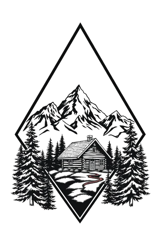 Temporary temporary tattoo design featuring a realistic black and white illustration of a mountain range, showcasing detailed peaks and valleys against a clear sky. A cozy cabin, with roof and windows, is nestled in the valley below, surrounded by stylized black and white trees.