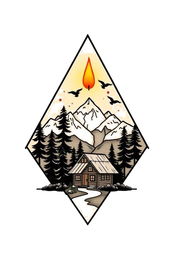 A temporary temporary tattoo design featuring a stylized mountain range with a prominent red/orange peak and various shades of gray and white. The mountains are framed by a diamond shape with a red/orange flame at the top, surrounded by a dark gray/black