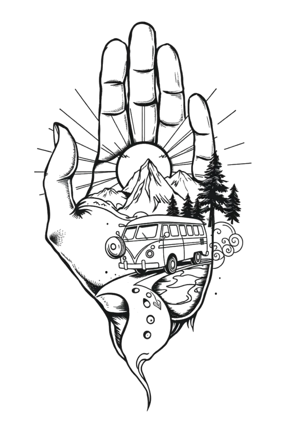 A black and white temporary temporary tattoo design featuring a stylized hand at the center, with a simplified palm and fingers. Behind the hand, a central sun sits with radiating rays, accompanied by minimalist mountains and a few stylized trees. The overall composition