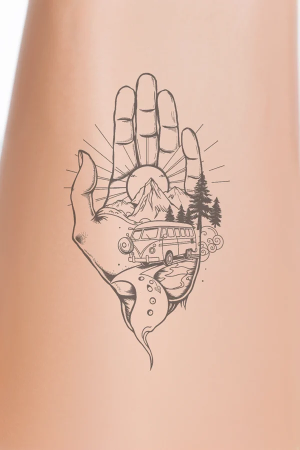 Black and white temporary temporary tattoo design featuring a centrally positioned stylized hand. The hand is drawn with a simplified palm and fingers. Behind the hand, a stylized sun with rays spreads outward, and a series of simplified mountains and a few trees create a
