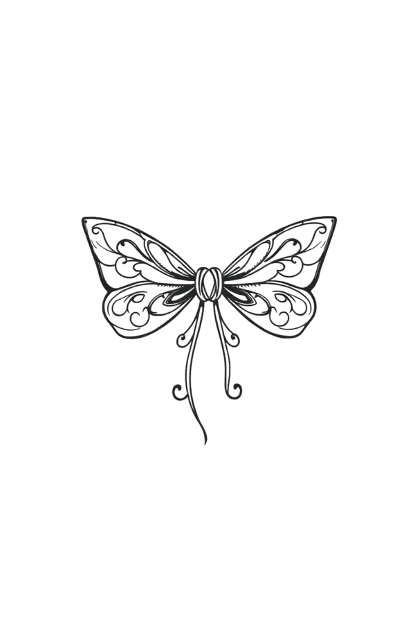 Black and white temporary temporary tattoo design featuring a butterfly with intricately patterned wings spread wide. The butterfly's solid black body contrasts with the detailed wing patterns and is adorned with a simple, elegant bow—featuring a single loop at the top and a tail