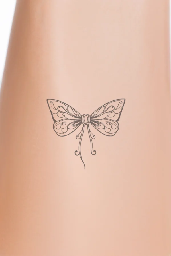 Black and white temporary temporary tattoo design featuring a butterfly with spread wings. The wings showcase intricate patterns that create depth, while a simple, elegant bow with a single loop is positioned at the top. The butterfly's body is a solid black shape that contrasts with