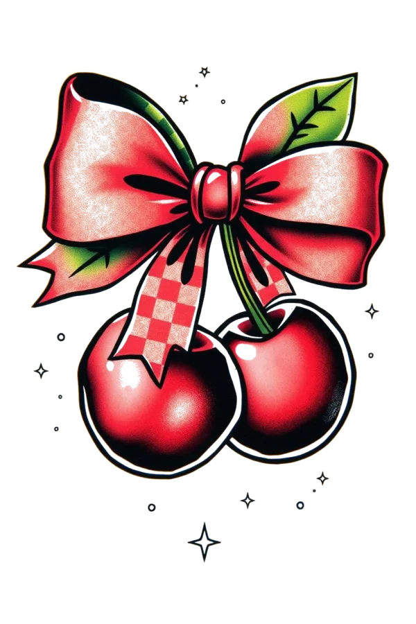 A vibrant temporary temporary tattoo design featuring two cherries with red bows, centered in the image. The cherries are depicted in a traditional temporary tattoo style with bold outlines and a deep red color, while the bows are a contrasting pinkish-red. The stems extend upwards,