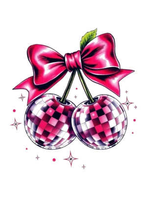 Alt text: "A temporary tattoo design featuring two vibrant cherries, each decorated with pink bows, positioned on opposite sides against a white background. The cherries display a checkered pattern, and are surrounded by small pink stars, enhancing the playful and whimsical aesthetic