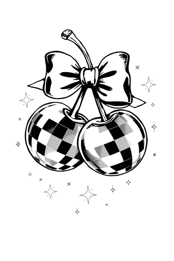 Black and white illustration of two stylized cherries, each adorned with a bow, positioned on either side of a central stem that also features a bow. The design is elegant and minimalistic, set against a stark white background, emphasizing the contrasting tones of
