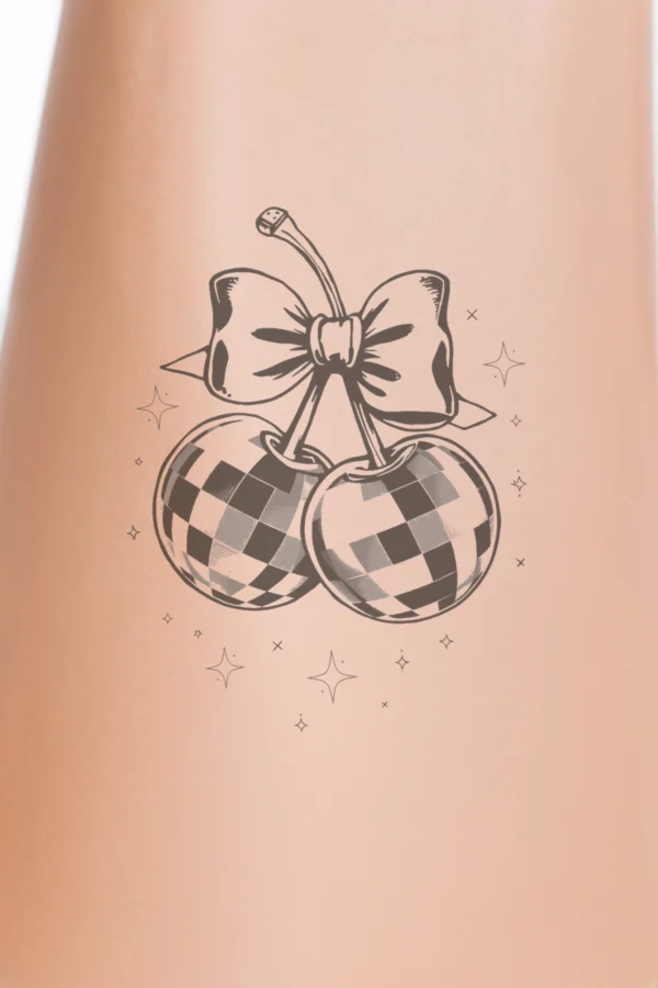 Black and white illustration of two stylized cherries with bows, positioned on either side of a central stem that also features a bow. The design is elegant and simple, set against a stark white background, emphasizing the contrast between the cherries and their bows.