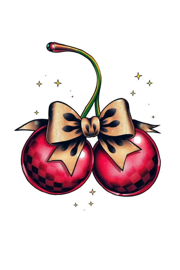 Vibrant temporary temporary tattoo design featuring two glossy red cherries with black bows, positioned on a green stem. The cherries are placed on either side of the stem, which points upwards, creating a dynamic look. The stark white background enhances the vivid colors of