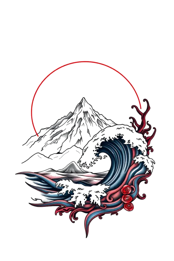 Temporary temporary tattoo featuring a stylized black and white mountain range at the center, accompanied by a dynamic, abstract wave in shades of blue and white curling over the peak. The wave design includes red and white elements at its base. The overall composition is framed