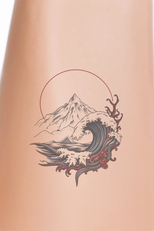 A minimalist temporary temporary tattoo design featuring a stylized black and white mountain range at the center, topped by an abstract wave in shades of blue and white. The wave, painted with a red and white pattern at its base, adds a dynamic touch to the