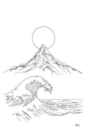 A black and white temporary tattoo design featuring a serene landscape. A bright, round sun is positioned slightly left of center, casting a soft glow over the scene. Below the sun, a large, dark mountain dominates the image, with a smaller mountain or