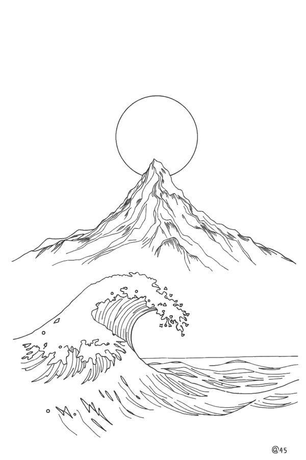A black and white temporary temporary tattoo design featuring a serene landscape. A bright, round sun is positioned slightly left of center, casting a soft glow over the scene. Below the sun, a large, dark mountain dominates the image, with a smaller mountain or