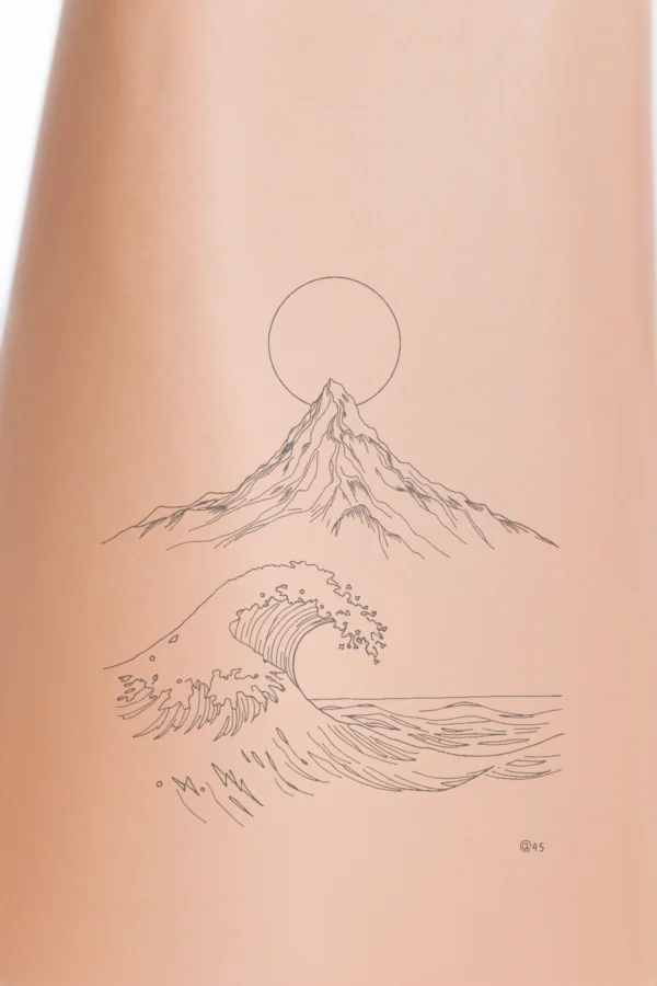 A temporary temporary tattoo design featuring a serene landscape in black and white. The image includes a large, round sun emitting a soft glow, positioned slightly left of center. A prominent dark mountain dominates the foreground, with a smaller dark hill rising in the background.