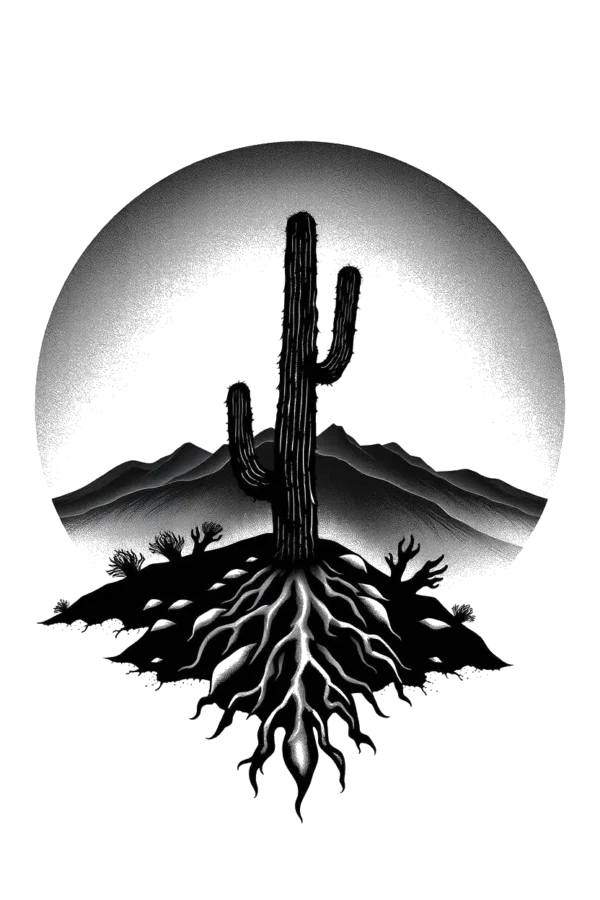A striking black and white temporary temporary tattoo design featuring a centrally positioned cactus with spiny arms. The cactus's lighter roots extend downwards, anchoring it in the center of the image. It is set against a desert landscape with gray mountains in the background