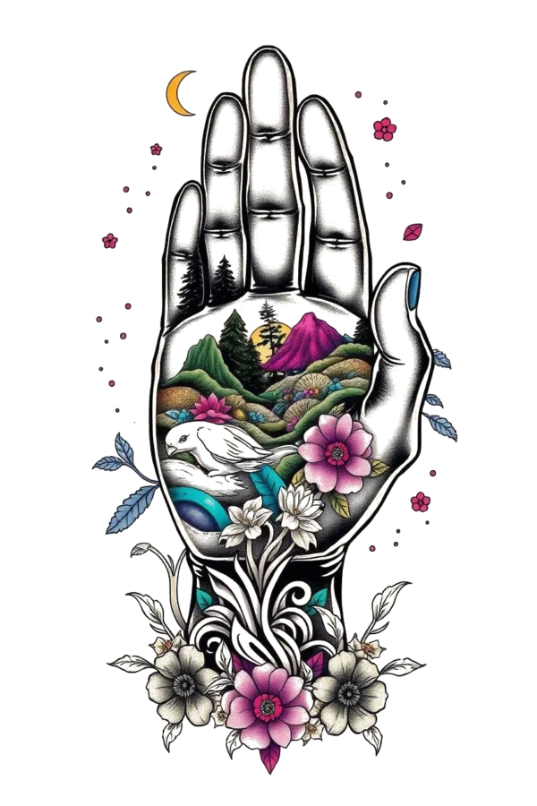 A realistic illustration of an upward-facing hand with spread fingers, intricately detailed to highlight the palm and fingers. The hand is adorned with a variety of colorful flowers, including pink, purple, and white blooms, alongside a few small dark flowers. The