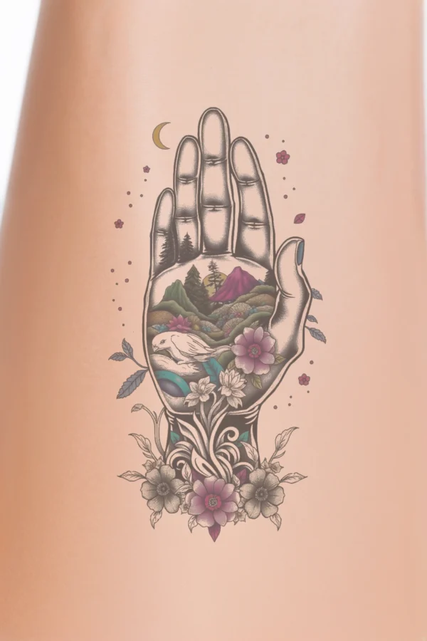 A realistic illustration of a hand positioned with the palm facing upwards and fingers spread out, adorned with vibrant flowers in shades of pink, purple, and white, along with a few small dark-colored blooms. The hand is centrally placed against a light-colored background