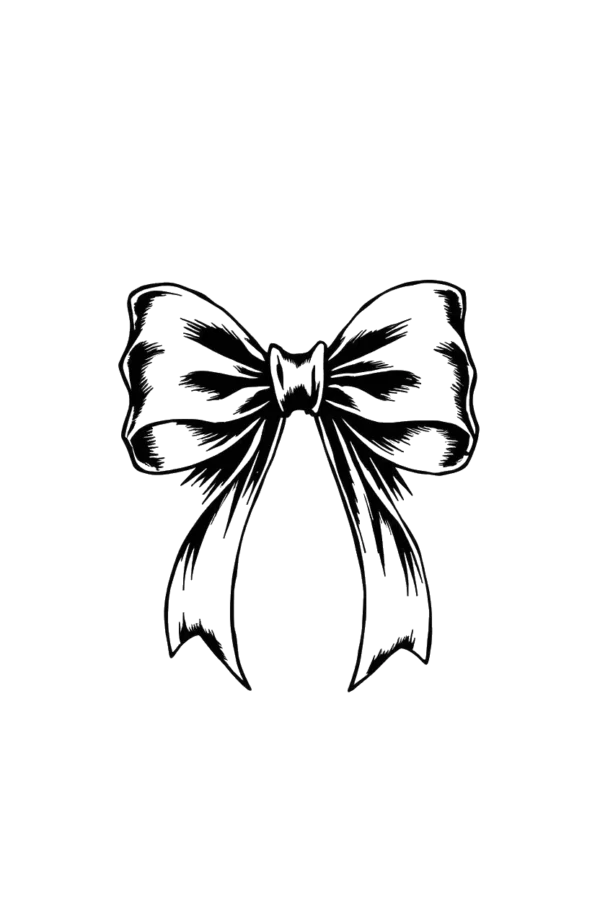 A monochrome temporary temporary tattoo design depicting a symmetrical bow, featuring a wider, rounded top section with a single knot at the center and a narrower bottom section with a double knot. The illustration emphasizes the bow's form and structure through intricate line work and shading
