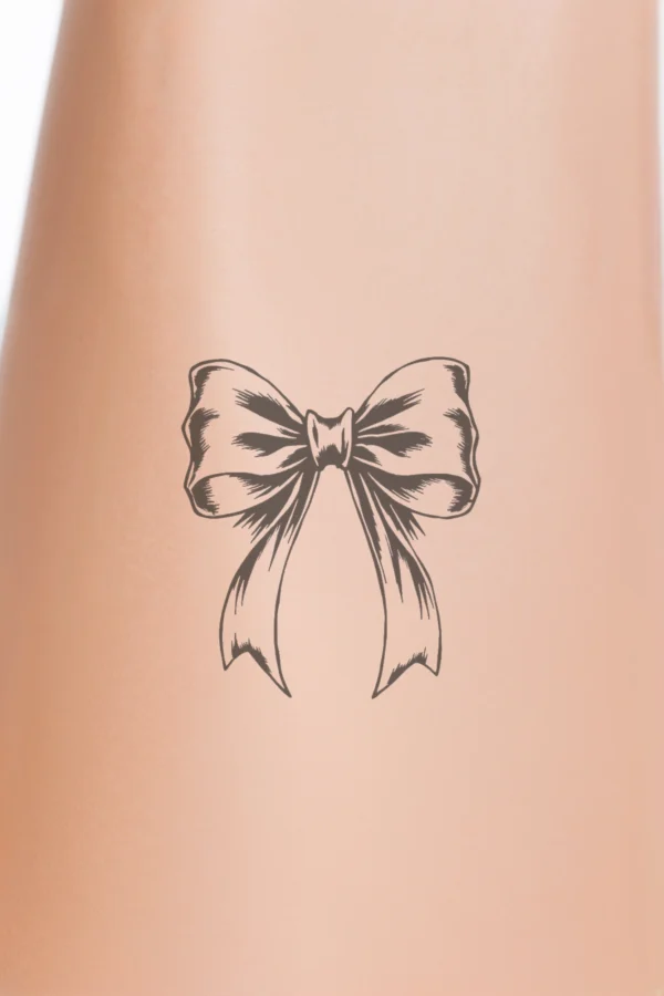 Black and white illustration of a symmetrical bow made up of a wider, rounded top section and a narrower bottom section. The top features a single knot at its center, while the bottom showcases a double knot. The design emphasizes depth with detailed lines and shading