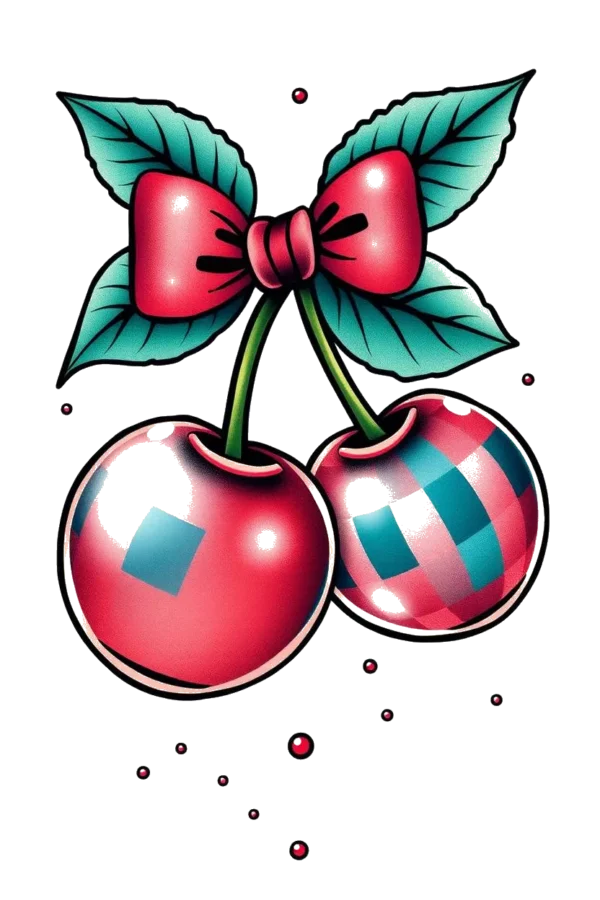 A vibrant temporary temporary tattoo design featuring two rich red cherries, each embellished with a bright red bow. The cherries are placed on either side of a stark white background, with the left cherry's bow positioned atop its stem, while the right cherry also sports a